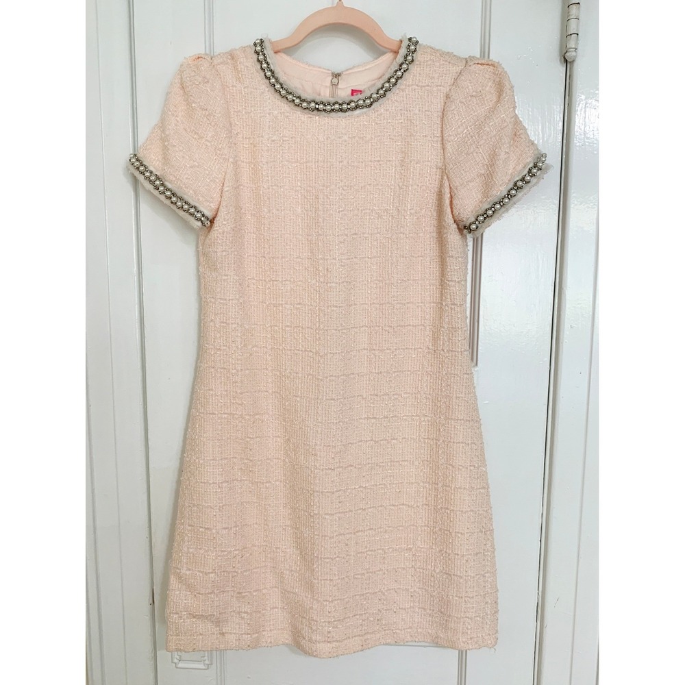 Vintage Betsey Johnson Pink Bouclé Tweed Shift 4 Pearl Rhinestone Mini Dress - Picture 10 of 16